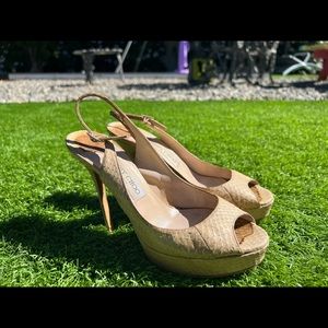 Jimmy Choo Python Nude Slingback Peep Toe Platform Heels Shoes 37.5  US 7.5